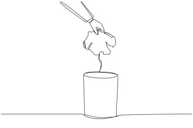 Single one line drawing businessman's hand throwing away broken piggy bank. Find the source of investment failure. Replace with a better and more reliable. Continuous line design graphic illustration