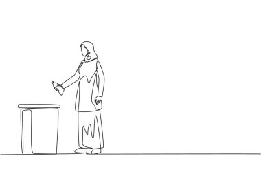 Single continuous line drawing Arabian woman throw used plastic bottles into overflowing trash cans. Environmental care. Provide examples of commendable actions. One line design vector illustration