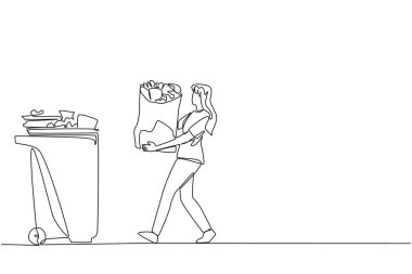 Single continuous line drawing young woman walked carrying a trash bag in both hands towards the trash can. Carry out social actions to care about cleanliness. One line design vector illustration