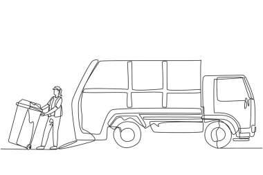 Continuous one line drawing trash woman pulling wheeled trash can towards garbage truck. Using a hat to reduce heat tries to reduce environmental pollution. Single line draw design vector illustration