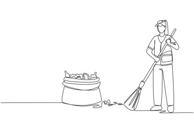 Continuous one line drawing trash woman cleaning trash with broom. There is a large piece of plastic trash nearby. Clean fresh air, does not pollute lungs. Single line draw design vector illustration