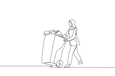 Single continuous line drawing Arabian businesswoman pushing trash can filled with wads of paper. Piling useless files in workspace is not important. Throw away. One line design vector illustration