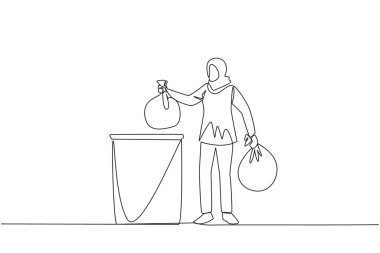 Single one line drawing Arab woman puts trash bag into trash can. Environmental care. Protecting environment is an individual obligation. Air fresh clean. Continuous line design graphic illustration