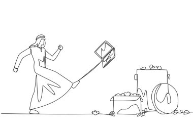 Single one line drawing emotional Arabian businessman kicked the laptop into the trash. Angry at the unprofitable stock value. Haven't made a profit yet. Continuous line design graphic illustration
