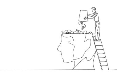 Single continuous line drawing businessman climb to the large, open head with stairs. Throw away the lightbulb. Convey some ideas to increase profits. Brainwashing. One line design vector illustration