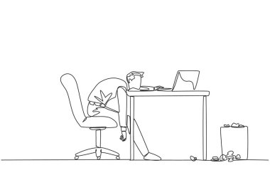 Single continuous line drawing businessman sitting in work chair looking tired. Want to work on business reports on a laptop. Very tired. Loss of focus and passion. One line design vector illustration