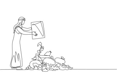 Continuous one line drawing Arabian man throws rubbish into rubbish pile. Environmental care. It is best to dispose of waste at the final disposal site. Single line draw design vector illustration
