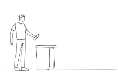 Single one line drawing a man throw used plastic bottles into overflowing trash cans. Environmental care. Correct littering waste. Recyclable waste. Clean. Continuous line design graphic illustration