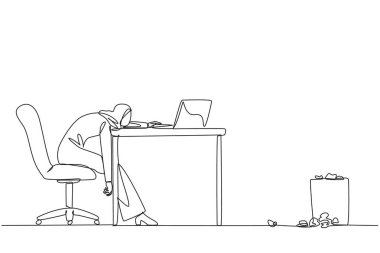 Single continuous line drawing Arabian businesswoman sitting in work chair looking tired. Has no enthusiasm. Has no fighting spirit. Stress. Fatigue. Frustrated. One line design vector illustration