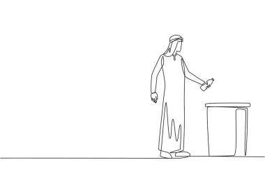 Continuous one line drawing Arabian man throw used plastic bottles into overflowing trash cans. Environmental. How to properly dispose of recyclable waste. Single line draw design vector illustration