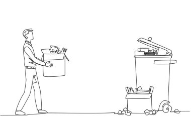 Continuous one line drawing businessman carrying cardboard box full of piles of paper to trash. Throw away unnecessary things. Focus on increasing profits. Single line draw design vector illustration