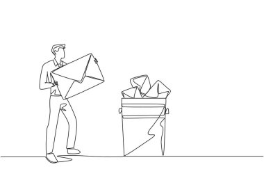 Continuous one line drawing businessman throw large envelope in trash. Throw away many application letters that do not meet the requirements. Job seekers. Single line draw design vector illustration