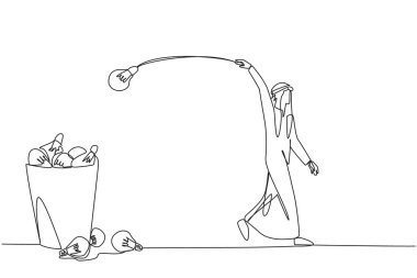 Continuous one line drawing Arabian businessman walking throwing lightbulb into the trash can. Being under pressure. Don't have the best ideas. No solution. Single line draw design vector illustration