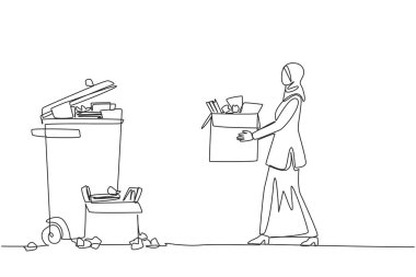 Single continuous line drawing Arab businesswoman carrying a cardboard box full of piles of paper to the trash. A clean work room will provide more enthusiasm. One line design vector illustration