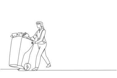 Single one line drawing businesswoman pushing a trash can filled with wads of paper. Throw away unimportant documents that are no longer used. Cleanliness. Continuous line design graphic illustration