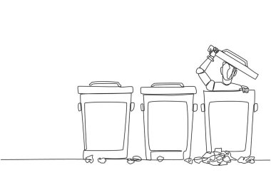 Single one line drawing robot peeking out of the trash can, there were lots of wads of paper. Programmed to have sensitivity. Embarrassed. Future tech. Continuous line design graphic illustration
