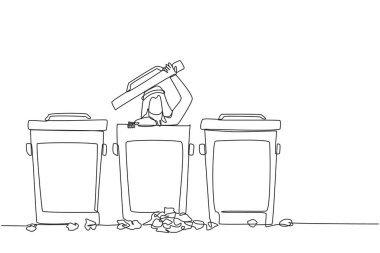 Continuous one line drawing Arabian businessman peeking out of trash can, there were lots of wads of paper. Hide from being chased by debt collectors. Sad. Single line draw design vector illustration