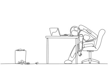 Single one line drawing astronaut sitting in a work chair looking tired. Want to write down the space expedition experiences on the laptop to make a book. Continuous line design graphic illustration