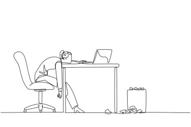 Continuous one line drawing businesswoman sitting in a work chair looking tired. Too tired. Force work. Many deadline reports are wrong. Mentally tired. Single line draw design vector illustration