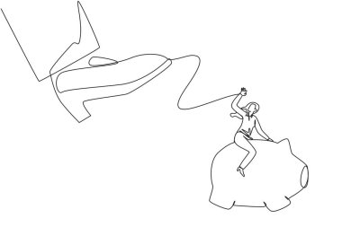 Single continuous line drawing businesswoman riding a piggy bank runs away from giant feet. Maintain profits. Got a business test to make it grow. Saving assets. One line design vector illustration