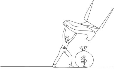 Single continuous line drawing businesswoman holds back the giant foot that wants to step on the money bag. Against the tyrannical sovereigns. Business destroyer. One line design vector illustration