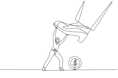 Continuous one line drawing businesswoman holds back a giant foot wants to step on coin with dollar symbol. Try to eliminate business interruptions. Profit. Single line draw design vector illustration