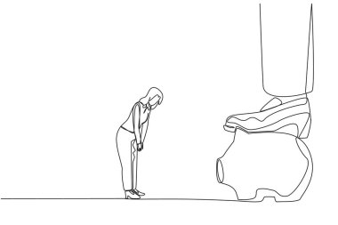 Continuous one line drawing businesswoman nodded in front of giant foot that stepped on the piggy bank. Investment value is rejected by investors. Disagree. Single line draw design vector illustration