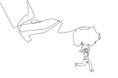 Single one line drawing businesswoman carrying piggy bank run away from giant foot. Taking investments must be trusted. The sovereigns prepare to destroy. Continuous line design graphic illustration