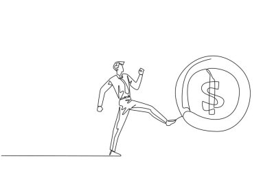 Single one line drawing businessman kicking a big coin with a dollar symbol. Throwing away an opportunity to get a chance. Indifferent to small profits. Continuous line design graphic illustration