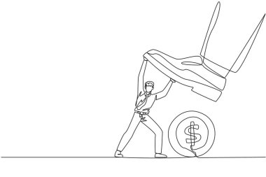 Continuous one line drawing businessman holds back a giant foot wants to step on large coin with dollar symbol. Resist vandals who want to thwart business. Single line draw design vector illustration