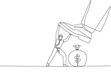 Single one line drawing businessman holds back the giant's foot that wants to step on the money bag. Restrain greed that wants to destroy business profits. Continuous line design graphic illustration