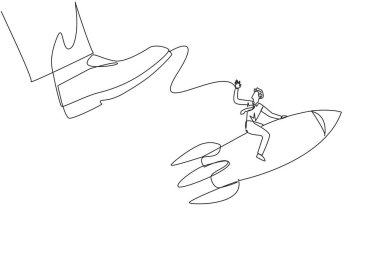 Single continuous line drawing businessman riding a rocket flies away from the giant foot. Redirection. The struggle to keep the business flying high. Profitable. One line design vector illustration