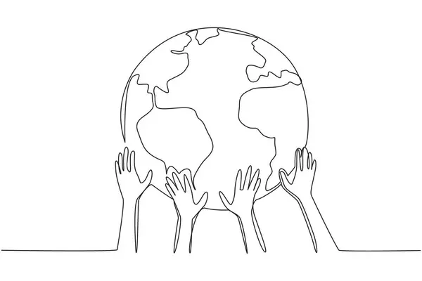 Single Continuous Line Drawing Several Hands Holding Globe Real Action ภาพประกอบสต็อก