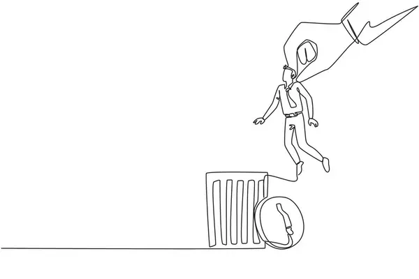 Continuous One Line Drawing Businessman Lifted Giant Hand Put Trash Stok Vektor