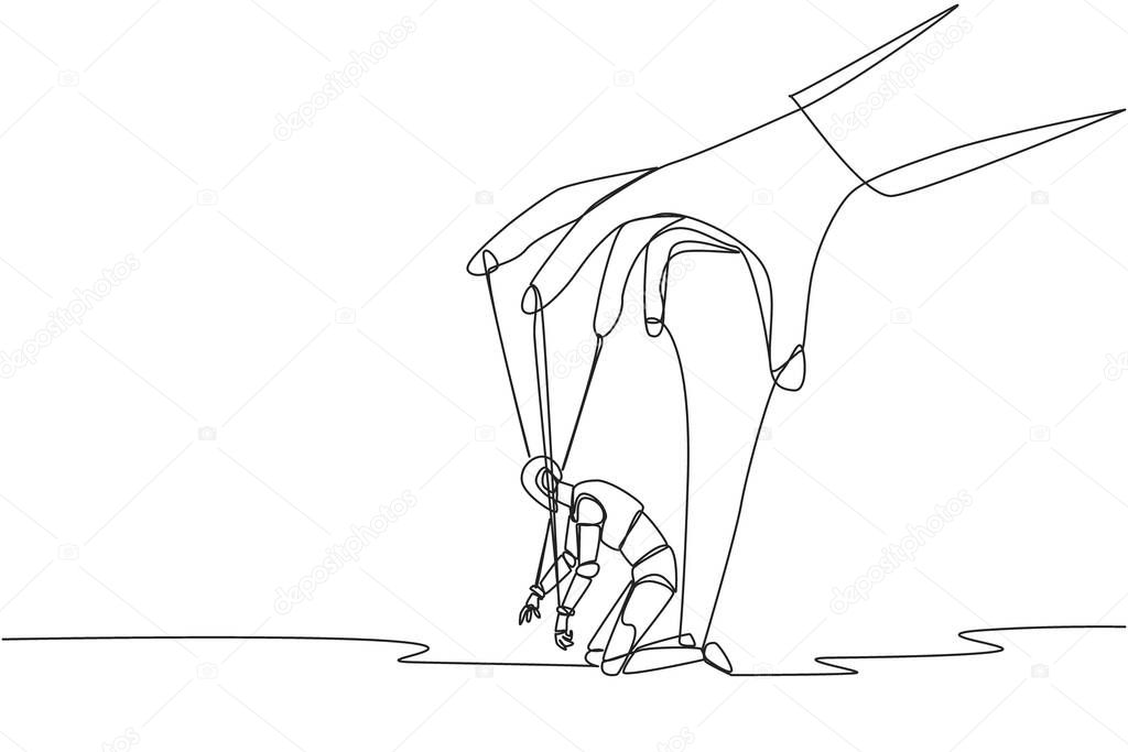 Single continuous line drawing robot kneel, entire body bound by ropes controlled by giant hands. Deep despair. Artificial intelligence not functioning optimally. One line design vector illustration