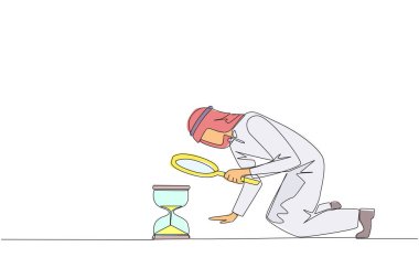 Arap iş adamının büyüteçle kum saatine baktığı tek sıra çizimi. İş adamının iş yapacak zamanı yok. Kötü zaman yönetimi. Bir çizgi vektör illüstrasyonu