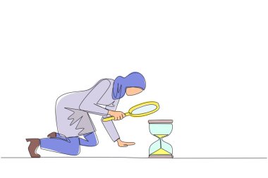 Tek sıra, elinde büyüteçle kum saatine bakan Arap iş kadını. İş kadınlarının iş yapacak zamanı yok. Kötü zaman yönetimi. Aralıksız çizgi grafik çizimi