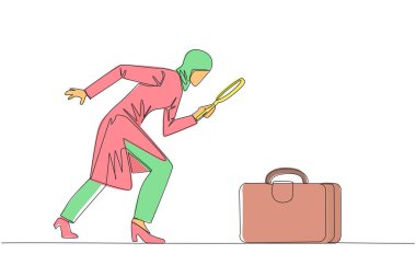 Elinde büyüteç tutan Arap iş kadınının tek bir çizimi evrak çantasını ön plana çıkarıyor. Bir iş gezisine gitmek için hemen çantasını topladı. Aralıksız çizgi grafik çizimi