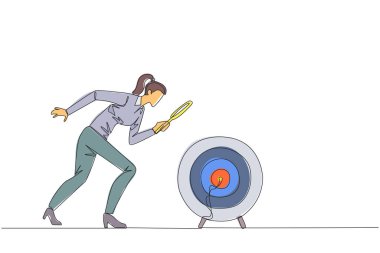 İş kadınının tek çizgi çizimi hedef ok tahtasına büyüteç tutuyor. Büyüyen işlere odaklanmanın yollarını arayan bir iş kadını. Devamlı çizgi tasarımı grafik çizimi