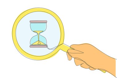 Devamlı bir çizgi, büyüteç tutarak büyük bir el çiziyor ve kum saatini vurguluyor. Yeni bir işe geri sayım başladı. Fırlatmaya günler kaldı. Yeni hedefler. Tek çizgi çizimi tasarım vektör çizimi
