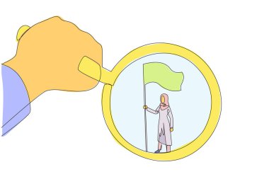 Bayrağı elinde tutan Arap iş kadınının altını çizerek büyüteci tutan tek bir çizgi. Bir iş kadınının ihtişamının sembolü. Devamlı çizgi tasarımı grafiği