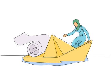 Tek sıra halinde, sürekli çizen Arap iş kadını kağıt banknotlarla dolu bir tekneye bindi ve neredeyse boğuluyordu. Gelirimden fazlasını harcıyorum. Mandallar direkten daha büyük. Bir çizgi tasarım vektörü