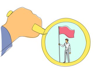 Bayrağı tutan işadamının altını çizerek büyüteci tutan büyük elin tek bir çizgisi. Bir iş adamının ihtişamının sembolü. Devamlı çizgi tasarımı grafiği
