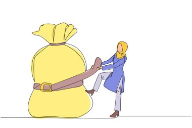 Arap iş kadınını kendine çeken tek sıra para çantasını kemerle çekti. Yatırım azalır, satış düşer. Gereksiz harcamalardan tasarruf et. Bir çizgi tasarımı vektör illüstrasyonu