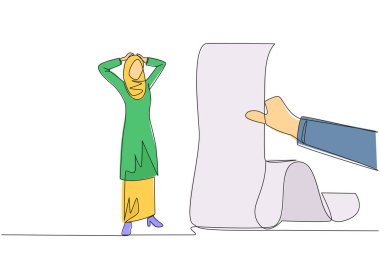 Arap iş kadınının sürekli çizdiği tek sıra, iki eliyle başını tutarak, Bill 'in elinden tutup ittiğini izleyerek şoka girdi. Online faturaları olan kadın hemen ödenmelidir. Bir çizgi vektörü