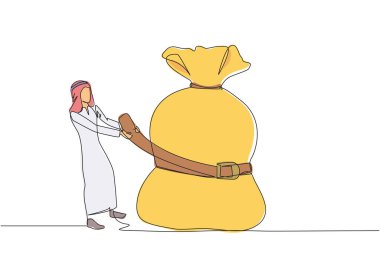 Tek sıra halinde, Arap işadamını kendine çekiyor ve para çantasını kemerle çekiyor. Yatırım azalır, satış düşer. Gereksiz harcamalardan tasarruf et. Devamlı çizgi tasarımı grafik çizimi