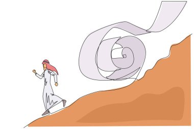 Sürekli bir çizgi halinde, Arap işadamı kağıt para ruloları tarafından kovalanırken tepeden aşağı koşuyor. Sürekli büyüyen banknotlar tarafından kovalanan. İş başarısızlığı. Tek çizgi çizimi tasarım vektör çizimi