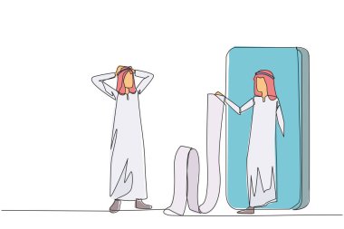 Tek sıra halinde, elinde uzun bir banknot tutarak büyük akıllı telefondan inen Arap işadamının başını tutuyor. İş ortaklarından gelen fatura sayısına şaşırdım. Tek çizgi vektörü