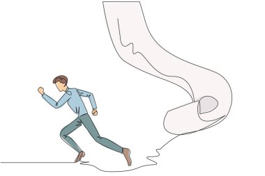 Sarkacı kağıt rulo banknotların kovaladığı bir iş adamı çizimi. Tüm faturaları ödemek için sorumluluktan kaçmaya çalışıyor. Tek çizgi çizimi tasarım vektör çizimi