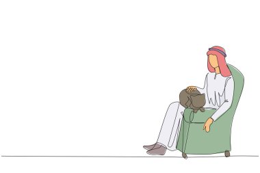 Kanepede oturup kediyi kalçasında kucaklayan genç bir Arap 'ın çizdiği tek çizgi. Evcil hayvanını çok seven genç bir adam. Kediyi uyuyana kadar okşamak. Devamlı çizgi tasarımı grafiği